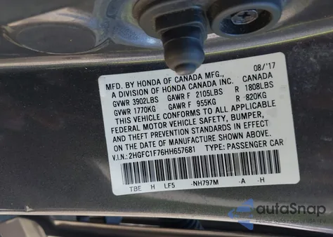 2017 Honda Civic Ex-L z USA, uszkodzony, nr VIN 2HGFC1F76HH657681